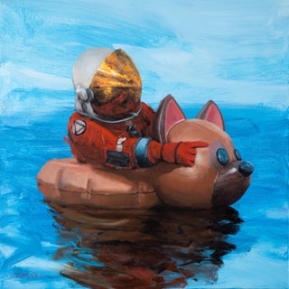 Search by Andreas Claussen | Oil on canvas Astronaut in a floatie with a dog head on water For Sale