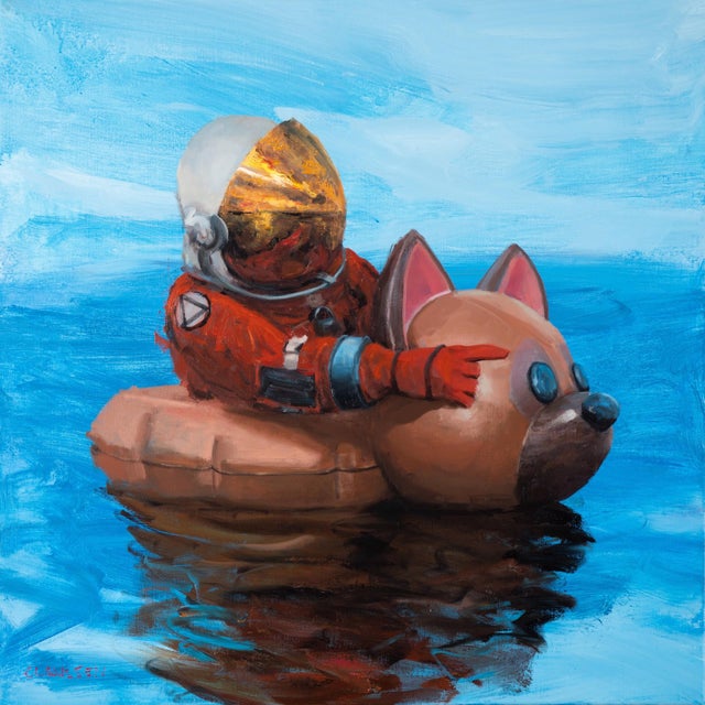 Search by Andreas Claussen | Oil on canvas Astronaut in a floatie with a dog head on water For Sale