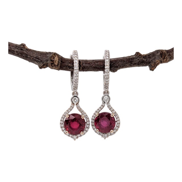 5.8Ct Madagascar Ruby Earrings With Natural Diamond Accents: Solid 14k Gold, 8mm, Pair For Sale