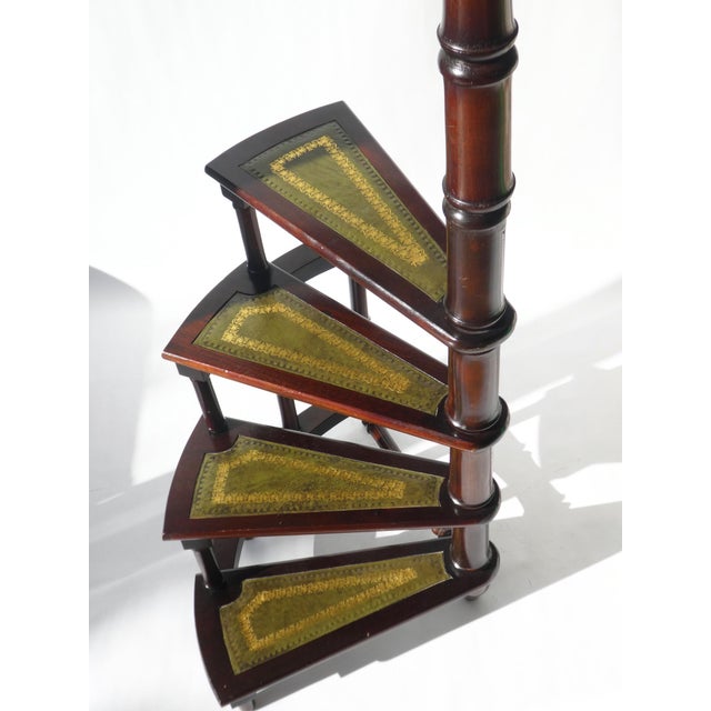 Victorian Wooden Library Stairs in Green Leather, 1940s For Sale - Image 3 of 11