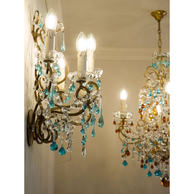 Glass Vintage Five-Light Florentine Wall Lamp in Wrought Iron, 1970s For Sale - Image 7 of 14