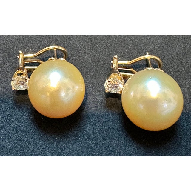 Introducing the stunning 14 Karat Yellow gold 15mm Round Golden South Sea Pearl & 1 Ct Total Diamond Cocktail Stud...