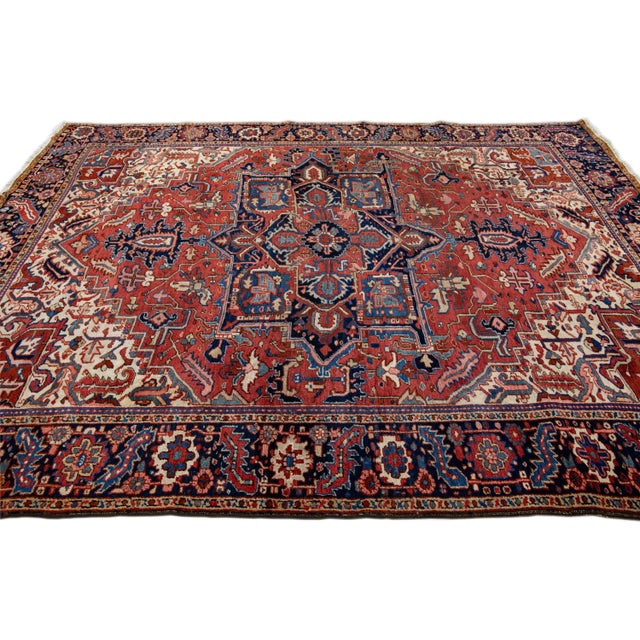 1920s Antique Persian Heriz Handmade Red Wool Rug With Medallion Motif For Sale - Image 5 of 11