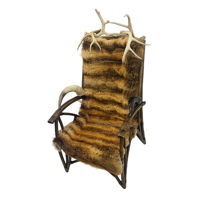 Reduced- Vintage Adirondack Rustic Armchair With Antlers and Fox Fur For Sale