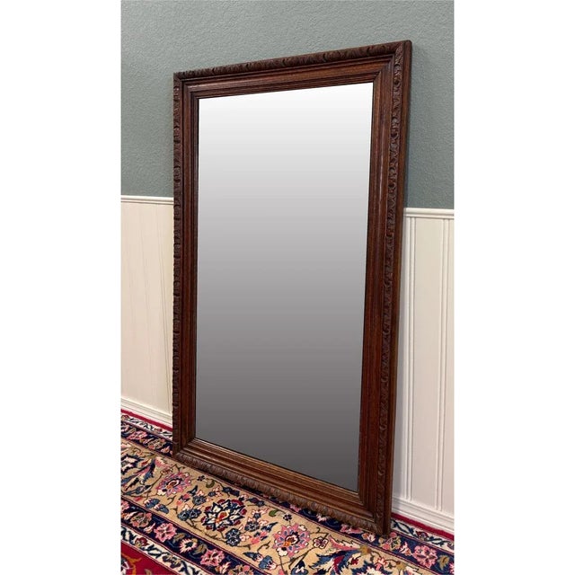 Antique French Mirror Over Mantel Large Rectangular Oak Carved Beveled c.1930 For Sale - Image 15 of 17