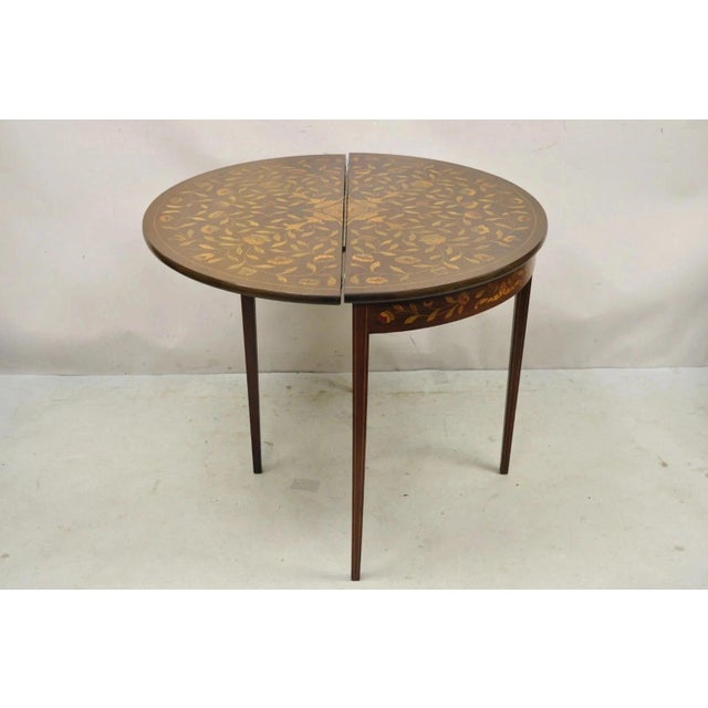 Early 20th Century Antique Dutch Marquetry Inlay Flip Top Demilune Round Console Game Table For Sale - Image 5 of 12
