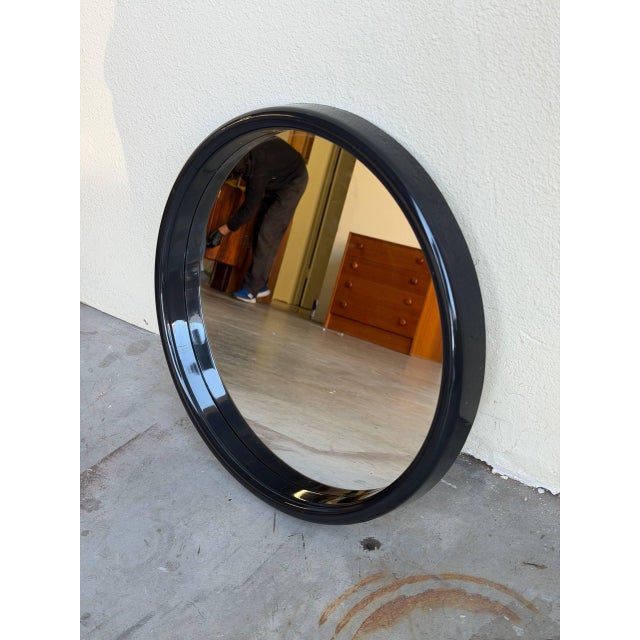 Mid-Century Modern Vintage Danish Modern Round Wall Mirror Black Frame Minimalist Denmark 16” For Sale - Image 3 of 7