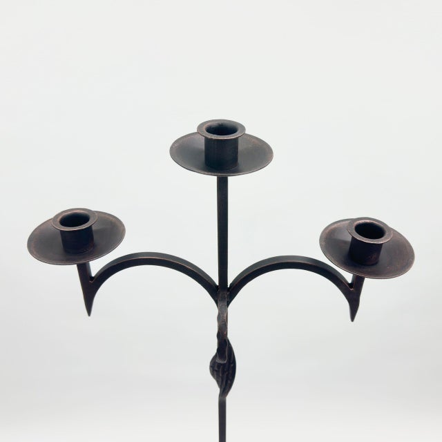 Hand Forged Iron Floor Candelabra 46.5″ (118cm) Antique Copper Patina 3-Arm Wide Base Stable Candle Holder Rustic Decor For Sale - Image 4 of 7