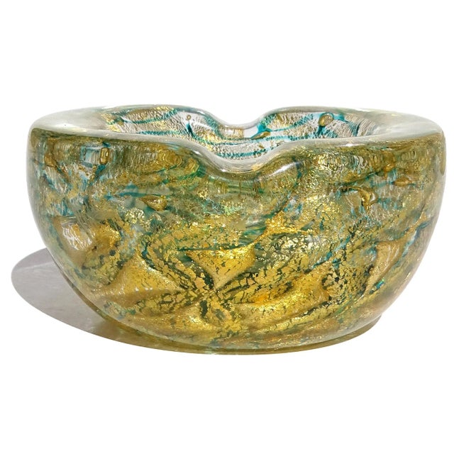 Mid-Century Modern Barovier Toso Murano Vintage Gold Leaf Emerald Green Swirl Italian Art Glass Chunky Ashtray Bowl For Sale - Image 3 of 7
