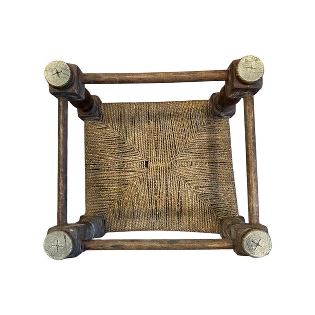 Brown Antique Folk Art Style Wood & Seagrass Rope Stool / Footstool / Ottoman For Sale - Image 8 of 9