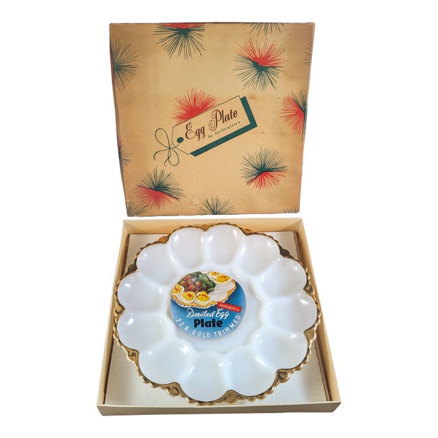 Anchor Hocking Milk Glass Deviled Egg Plate in Original Box 1950's 10" For Sale