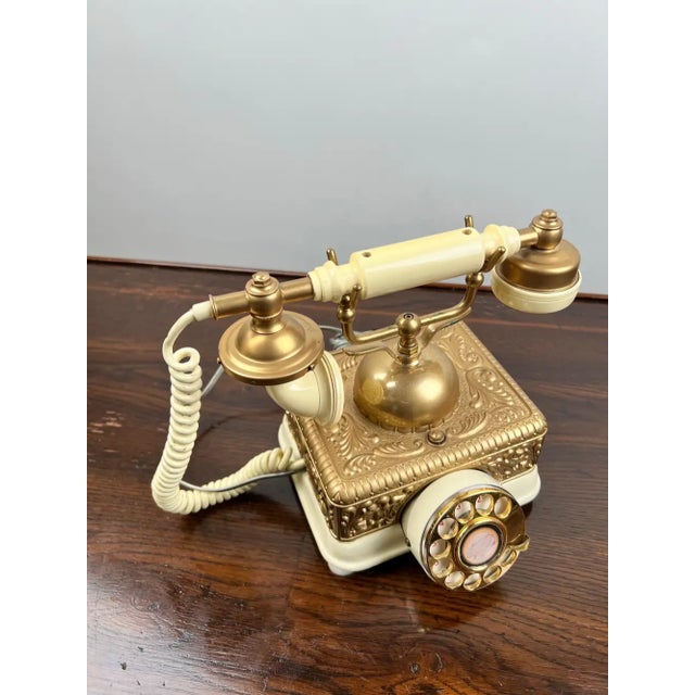 Vintage French Style Brass Rotary Telephone With Ornate Repoussé Cream Enamel Base For Sale - Image 4 of 16