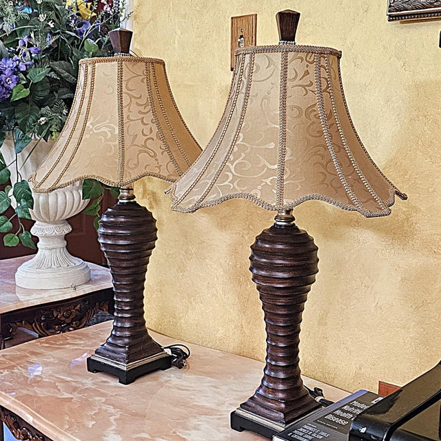 Vintage Uttermost Carved Wood-Finish Urn Table Lamps With Damask Shades – Pair For Sale - Image 10 of 18