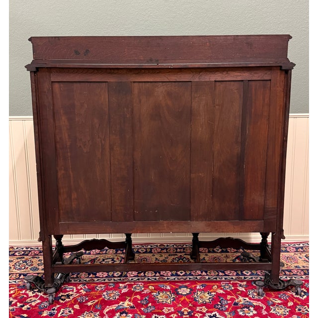 Antique English Jacobean Bookcase Bow Front Cabinet Triple Door Oak C1930s For Sale - Image 18 of 18