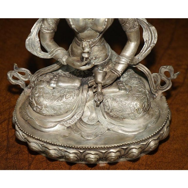 Tibetan Silvered Metal Buddhist Deity Figure Statue on Lotus Base For Sale - Image 4 of 18