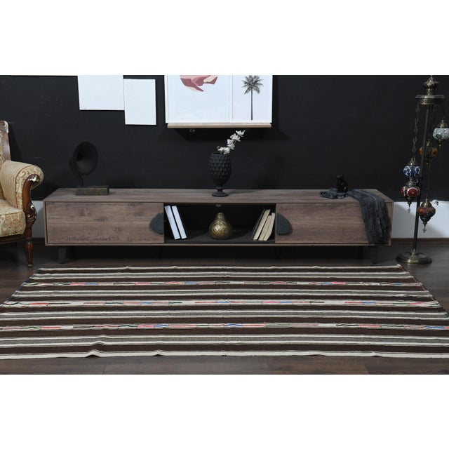 Textile Beige Brown Bold Striped Antique Vintage Oushak Wool Kilim Rug For Sale - Image 7 of 11