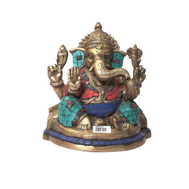 Indian Brass Ganesha Statue With Turquoise Inlay | 7 Inch Hindu Ganpati Idol for Home Altar | Colorful Indian Deity Art | Unique Housewarming Gift For Sale - Image 3 of 7