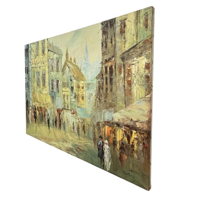 A fine impressionist cityscape oil painting on canvas signed by Lewiy. It depicts a romantic European city scene of...