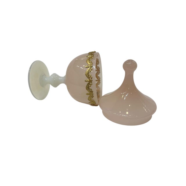 Mid 20th Century French Pink Opaline Glass Covered Box on Pedestal With Gilt Decoration For Sale - Image 5 of 5