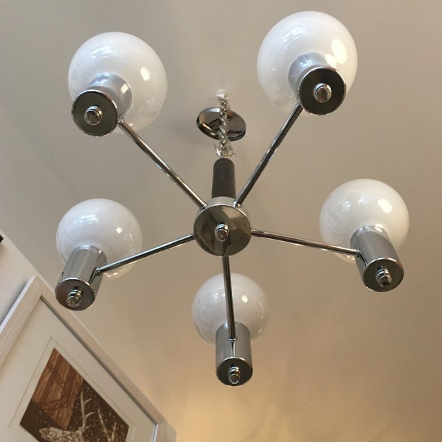Mid-Century Modern 1970s Vintage Chrome and Wood 5 Socket Hanging Light Fixture Chandelier For Sale - Image 3 of 8