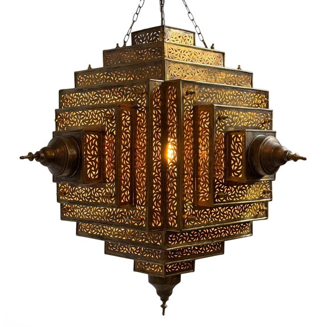 Indian Vintage Brass Pyramid Triangle Pendant Light Medium For Sale - Image 3 of 11