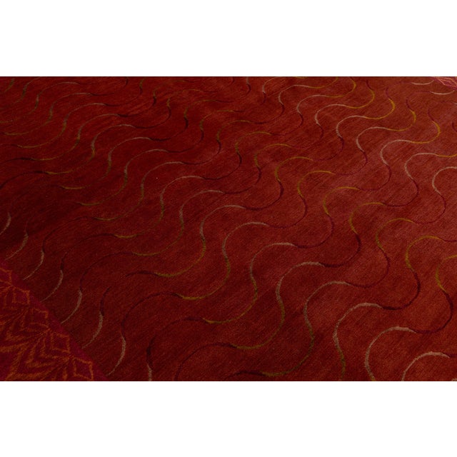 Contemporary Tibetan Wool & Silk Rug in Crimson and Gold With Art Deco Boder For Sale - Image 10 of 11