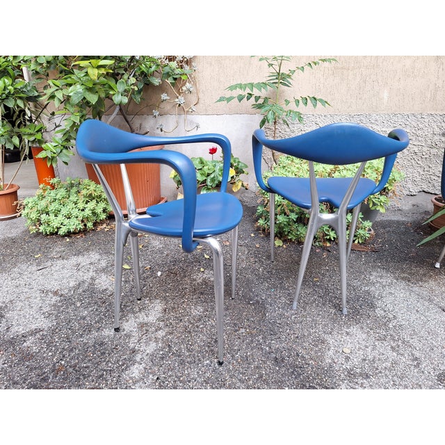 Vintage Armchairs in Aluminum and Blue Foam Material by Ferdinand Alexander Porsche for Ycami Edizioni, 1980s, Set of 4 For Sale - Image 9 of 13