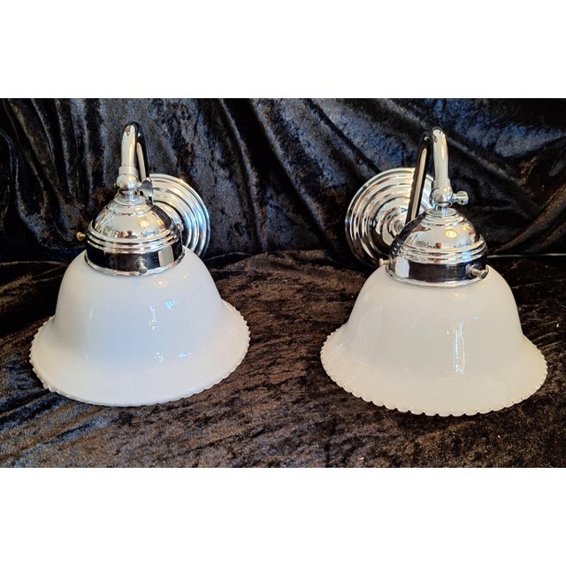 Vintage Wall Lamps with Chrome-Plated Metal Frame and White Glass Shade, 2001, Set of 2, in Very Good conditions. Designed...