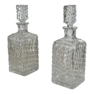 Antique Hand Cut Crystal Art Deco Decanters in Unique Trapezoid Pattern With Matching Stoppers, a Pair