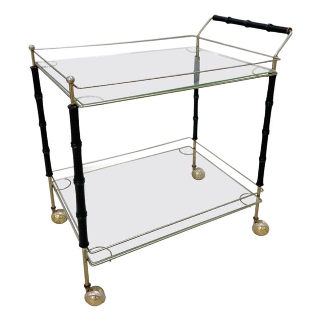 Mid-Century Hollywood Regency Faux Bamboo and Brass Two-Tier Drinks Trolley. For Sale