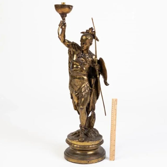 Antique Native American Bronze Sculpture Lamp For Sale - Image 10 of 11