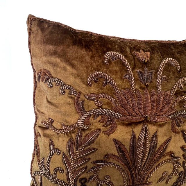 John-Richard Metallic Bullion Emboidered Brown Velvet Throw Pillows - Pair For Sale - Image 10 of 18