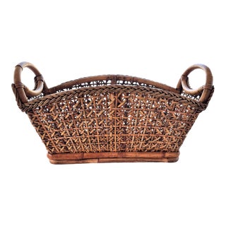 Vintage Rattan and Wicker Magazine Rack Book Storage Styling 1960's Boho Cabin Coastal Natural For Sale