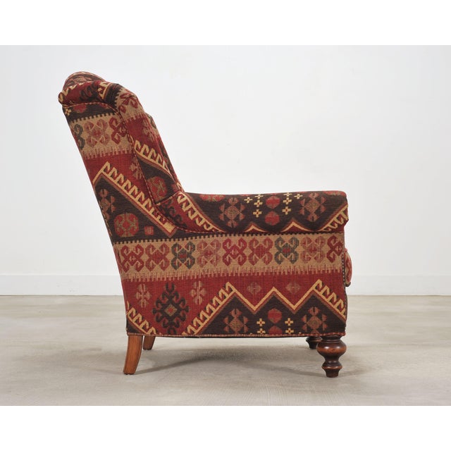 Brick Red King Ranch Kilim Rug Style Upholstered Lounge Chair + Ottoman For Sale - Image 8 of 18