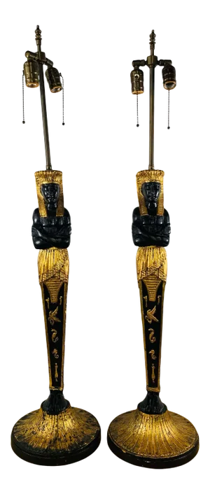 Large Ebonized and Gilded Pharaoh Table Lamp, a Pair