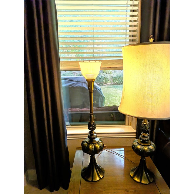 Mid 20th Century Hollywood Regency Rembrandt Brass Lamps With Original Shades - A Pair For Sale - Image 12 of 12