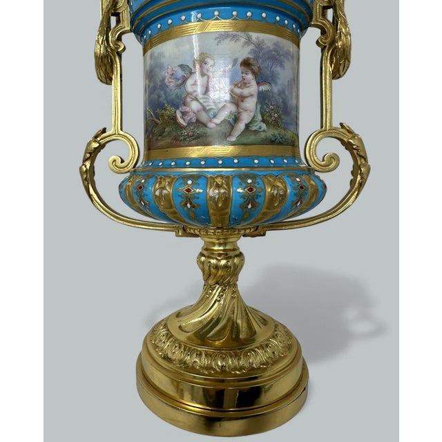 Late 19th Century Pair Antique French Sèvres Porcelain Ormolu Celeste Blue Jewell Table Urns Lamps For Sale - Image 9 of 11