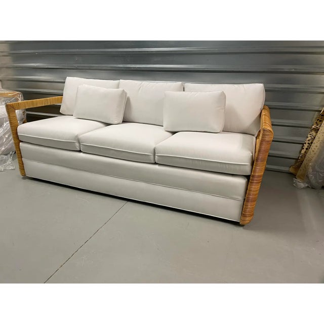 White Crespi Style Rattan Sofa With Quadrille Upholstery For Sale - Image 8 of 12