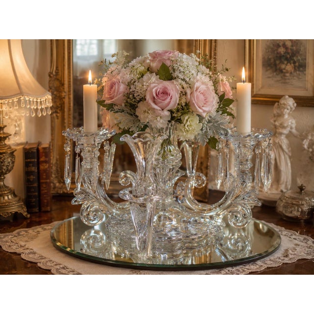 An elegant vintage Cambridge Glass-style crystal epergne and candelabra centerpiece featuring an ornate three-light design...