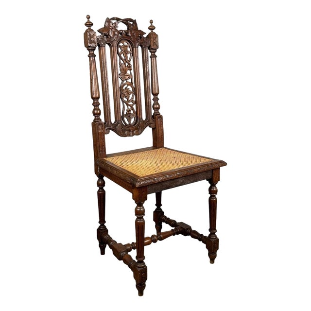 19th Century Antique Oak Carved Hallway Chair with Cane Seat For Sale