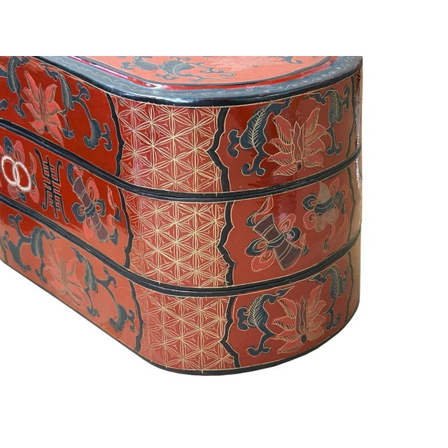 Wood Chinese Brick Red Lacquer Color Treasure Graphic Stack Box Basket For Sale - Image 7 of 12