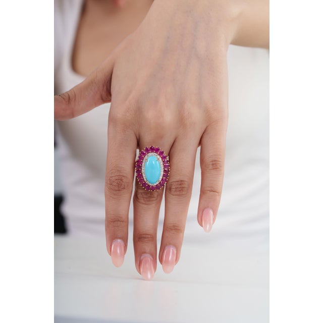 Not Yet Made - Made To Order 14k Yellow Gold 9.1ct Oval Cabochon Turquoise & Diamond Ruby Ring Size 6.5 For Sale - Image 5 of 18