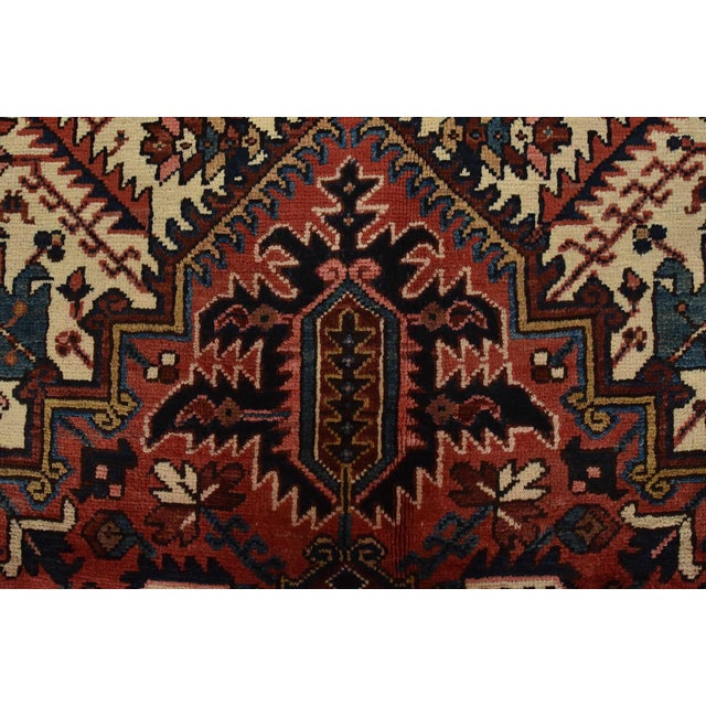 Heriz Rug 9′ X 10’5” Red Wool Vintage Tribal Hand-Knotted Oriental Carpet For Sale - Image 9 of 15