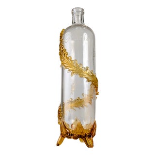 French Art Nouveau Uranium Glass Bottle with Amber Leaves, 1890s For Sale