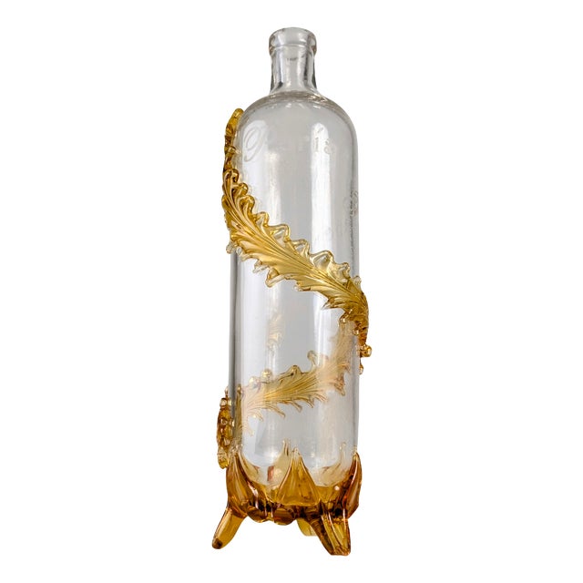 French Art Nouveau Uranium Glass Bottle with Amber Leaves, 1890s For Sale