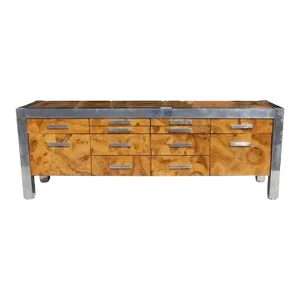 Mid 20th Century Leon Rosen for Pace Collection Burled Wood and Chrome Credenza