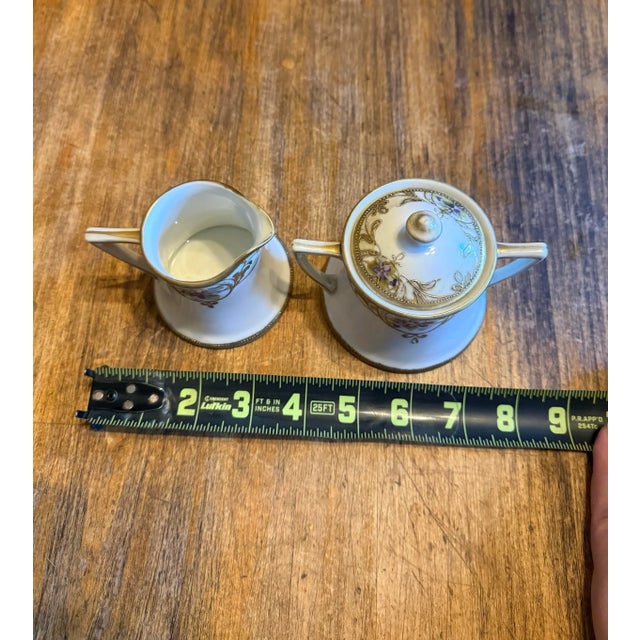 White Antique Hand Painted Nippon Sugar and Creamer Set: Violets & Gold Floral For Sale - Image 8 of 10