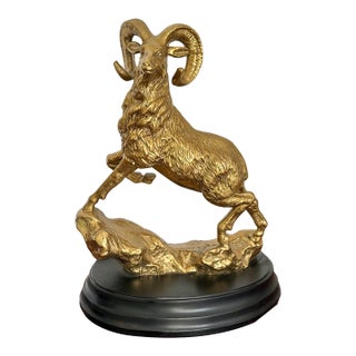 Late 20th Century Solid Brass Ram Statue on Wood Base For Sale