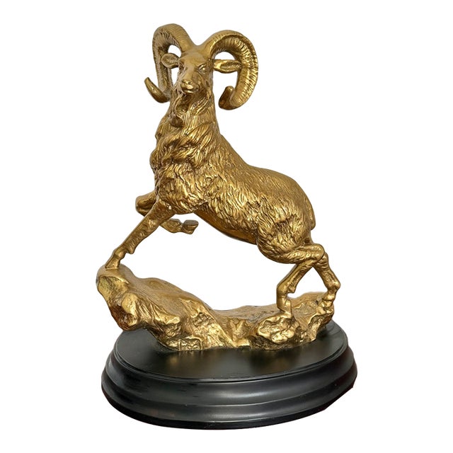 Late 20th Century Solid Brass Ram Statue on Wood Base For Sale