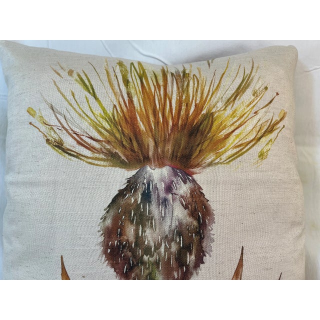English 16" Square Decorative Toss Pillow Adorned With a Mustard Color Thistle Flower on a Cream Background - Made in the U K For Sale - Image 3 of 10
